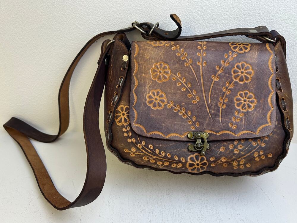 Vintage Mexican Hand-Tooled Floral Leather Crossbody Saddle Bag